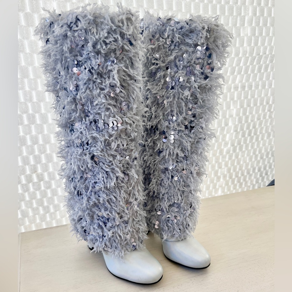 Silver Fringe Sequins Knee High Boots Heels Gray Party Boots Womens Size 5.5